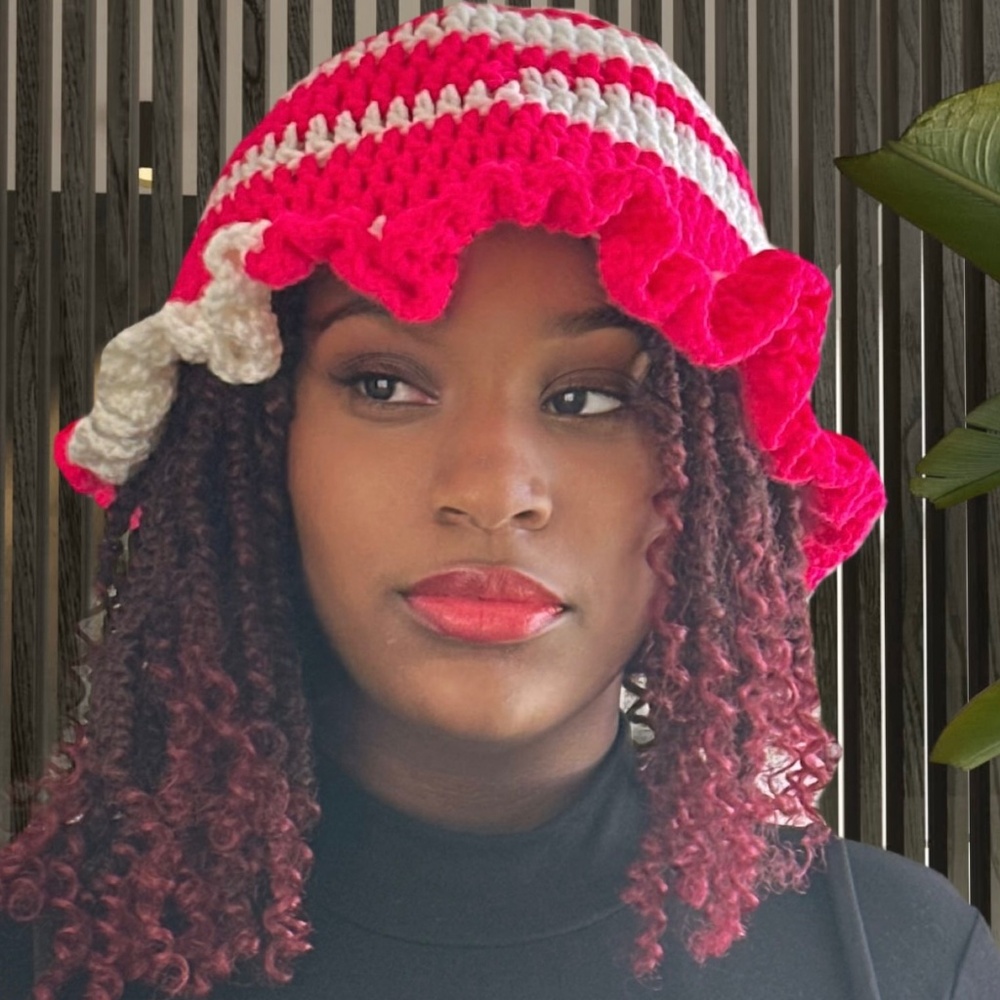 Pink and white crochet ruffle hat